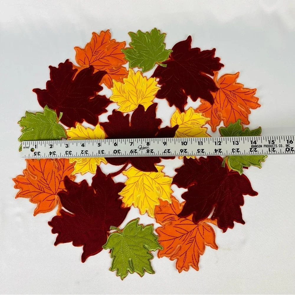 Trio of Placements/Chargers (3) Round Leaf Orange Burgundy Yellow Green Fabric